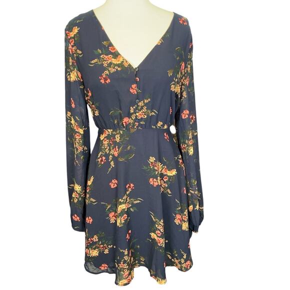 LULUS Floral Print Midi Dress Long Sheer Sleeves Zip Back Size Small Navy Blue - Picture 2 of 12